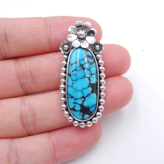 Natural Turquoise Pendant with flower 925 Sterling Silver 38x17x4mm, 7.5g