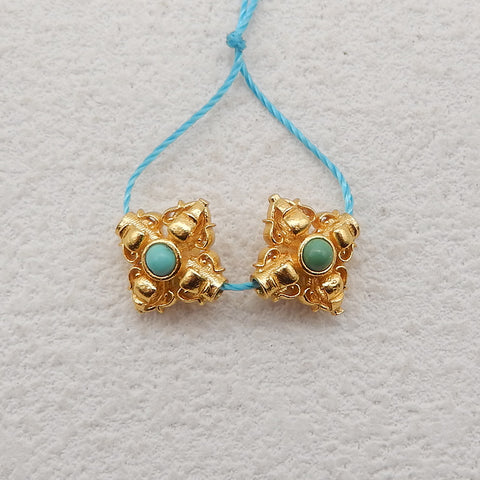 1 Pair Silver Gold Plated Natural Turquoise Gemstone Earring Beads,Lovely Earring Pair for Design,11x10x7mm,2g