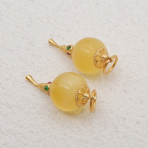 BITEFU 1Pair Silver Gold Plated Natural Amber Gemstone Earring Beads, Jewelry DIY Making Accessories, 1.3g