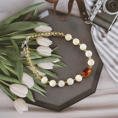 1 Strand Natural 4mm Yellow Quartz And 6mm Shell Beads Bracelet,17-19cm,4×3mm,6mm,9×6mm,5.8g