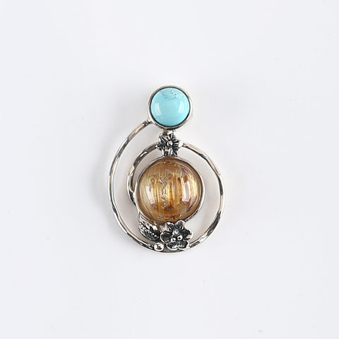 New Arrival!Handmade Jewelry Sterling Silver 925 Turquoise And Gold Rutilated Quartz Pendant,26×18×7mm, 3.4g