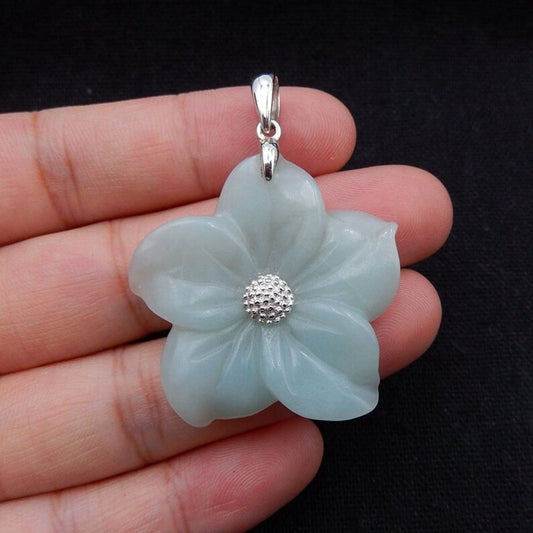 Natural Amazonite Carved flower Pendant with 925 Sterling Silver Pinch Bail 33x33x6mm, 9g