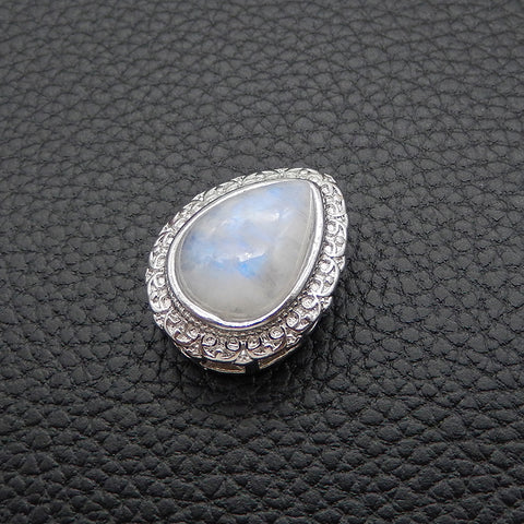 Natural Moonstone Brass Plated Silver Pendant Bead, Gemstone Jewelry Gift 20x16x12mm, 4.3g