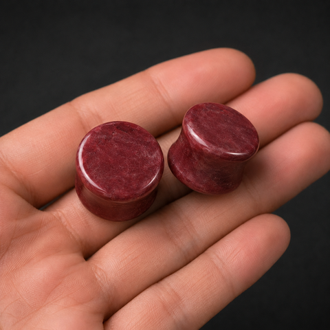 Natural Norwegian Thulite Stone Plugs - Hand-Polished Rose Pink Saddle Gauges (Sold as Pair)