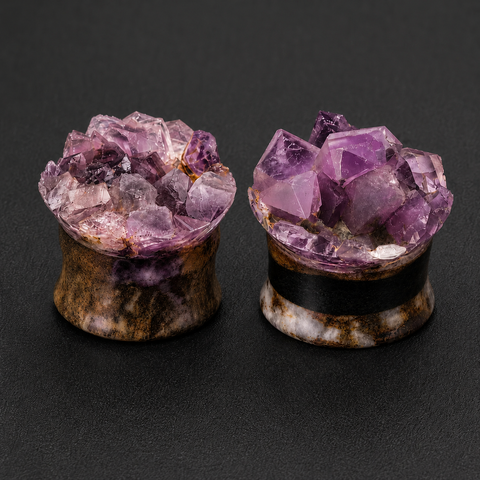 Raw Amethyst Crystal Cluster Ear Plugs - Natural Purple Druzy Stone Gauges - Organic Ear Tunnels - Witchy Boho Jewelry