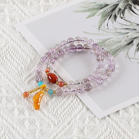 1 Strand Natural 7mm White Quartz,12mm Wood Fossil,5mm Agate And 20mm Amber Beaded Elastic Bracelet,21.3g