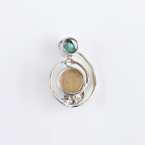 New Arrival!Handmade Jewelry Sterling Silver 925 Turquoise And Gold Rutilated Quartz Pendant,26×18×7mm, 3.4g
