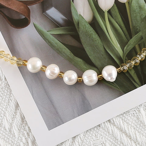1 Strand Natural Yellow Quartz And Pearl Beads Bracelet,17-19cm,4×3mm,7mm,5.8g