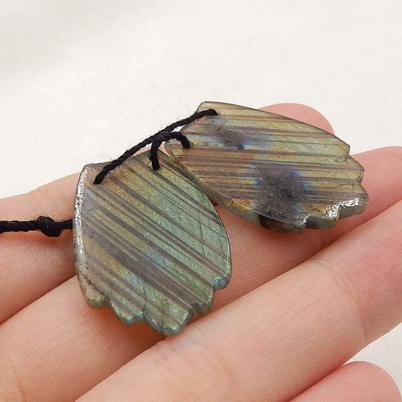 Natural Labradorite Carved feather Earring Beads 26x17x4mm, 6.5g