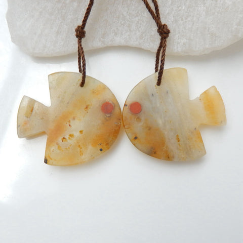 Intarsia of Amazonite And Red River Carved Fish Earring Beads 28x22x4mm, 7.2g