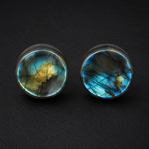 Labradorite Stone Plugs, Natural Grey Blue Flash Ear Gauges, Double Flare Saddle Plugs, Organic Stone Ear Stret Custom sizes available
