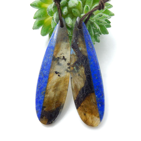 Paire de Boucles d'Oreilles Collées Nautual Labradorite Lapis Lazuli, 42x12x4mm, 7.7g