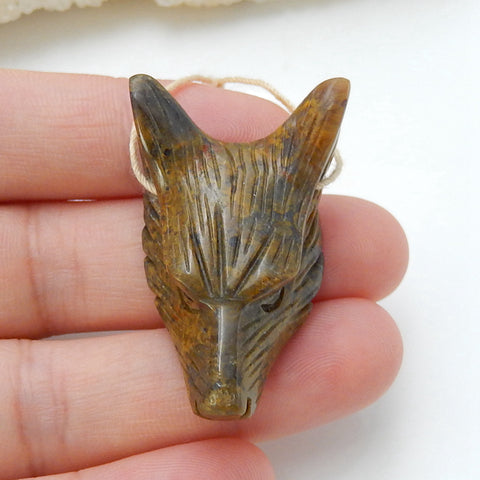 绿色蛋白石手工雕刻狼头吊坠石,32x23x10mm,7.4g