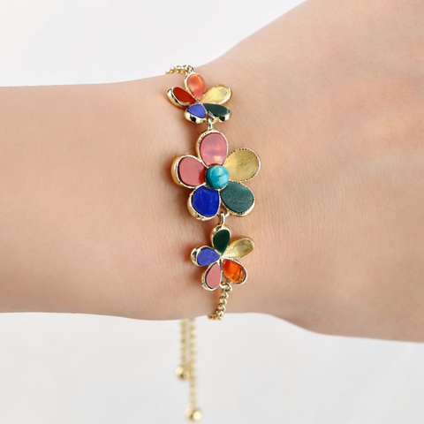 Natural Multi-Gemstone Floral Gold Plated Bracelet-Adjustable Jewelry Bracelet