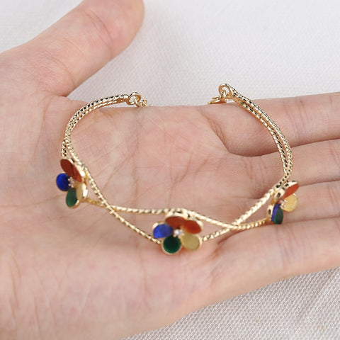 Multi-Gemstone Floral Gold Bangle - Zircon Centerpiece Adjustable Bracelet