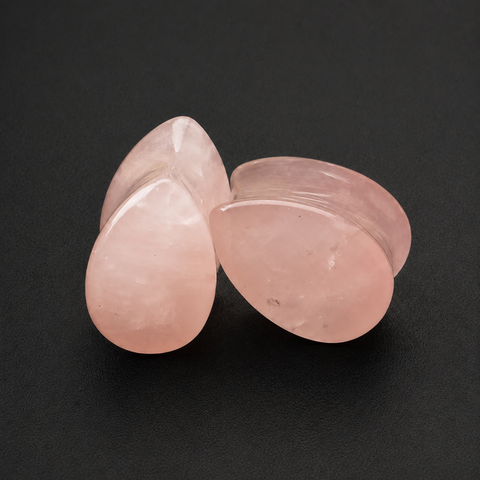 Rose Quartz Teardrop Stone Plugs - Natural Pink Crystal Double Flare Saddle Ear Gauges (Pair)