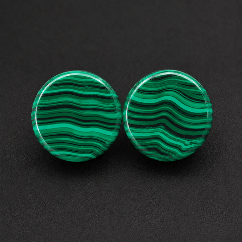 Green Malachite Round Double Flare Stone Plugs - Organic Stone Gauges for Stretched Ears (Sold as Pair)