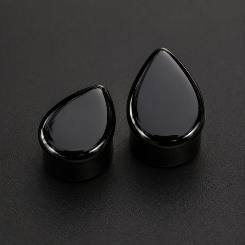 Natural Black Obsidian Teardrop Stone Plugs - Double Flare Ear Gauges