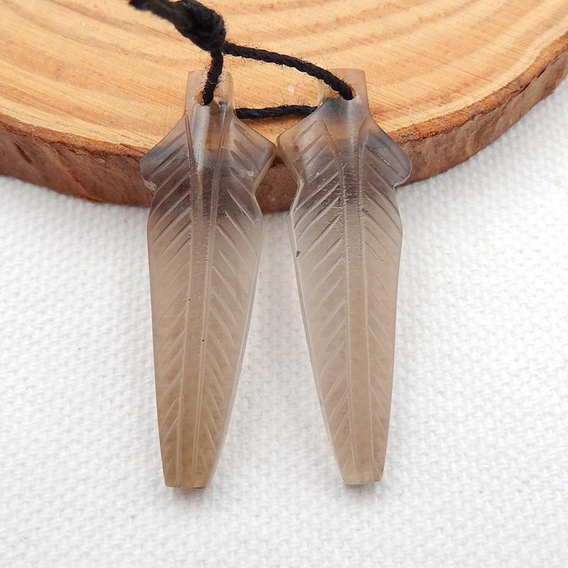 Natural Smoky Quartz Carved leaf Earring Beads 39x12x4mm, 5.4g