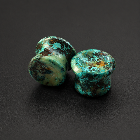 Natural Chrysocolla Mayan Flare Plugs with Concave Front & Back - Hand-Carved Gemstone Gauges (Sold as Pair)