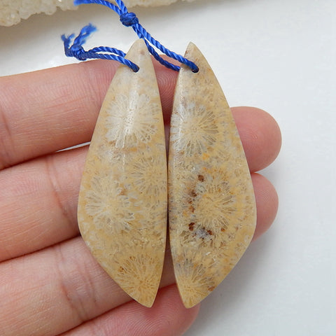 Paire de boucles d'oreilles en corail fossile indonésien naturel, pierre pour la fabrication de boucles d'oreilles, 35x13x4mm, 4.6g