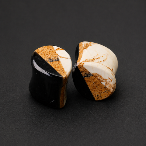 Picture Jasper White Jade Obsidian Spliced Teardrop Plugs Gauges - Triple Split Stone Ear Expanders - Double Flare Piercing