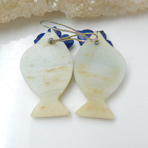 Nouveau poisson sculpté en pierres précieuses naturelles Amazonite avec lapis lazuli ntarsia mode paires de boucles d'oreilles en pierres précieuses, 28x18x3mm, 10x10x2mm, 7g