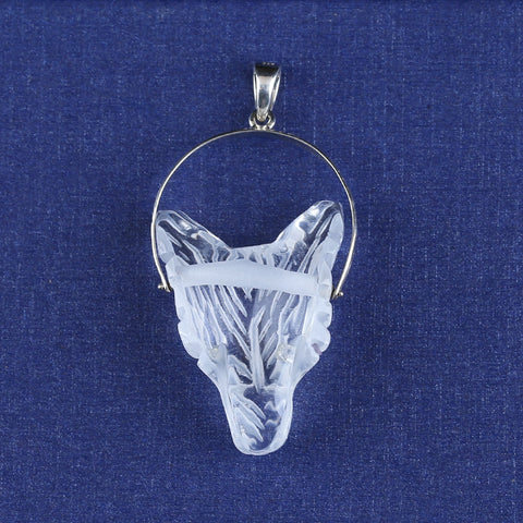 White Crystal Carved Wolf Head Pendant With 925 Sterling Silver,35x26x13mm, 13g