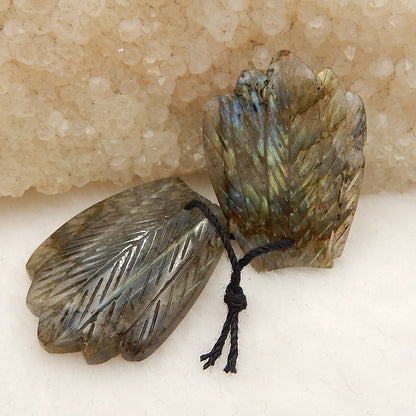 Natural Labradorite Carved feather Earring Beads 26x17x4mm, 6.5g