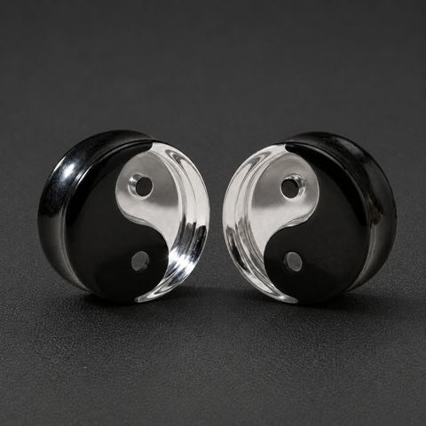 Clear Quartz & Black Tourmaline Yin-Yang Stone Plugs - Handcrafted Double Flare Gauges