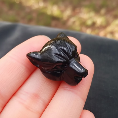 Natural Black Obsidian Panther Head Pendant - Hand-Carved Gemstone Jewelry for Silent Elegence and Calm,28x22x17mm,11.4g