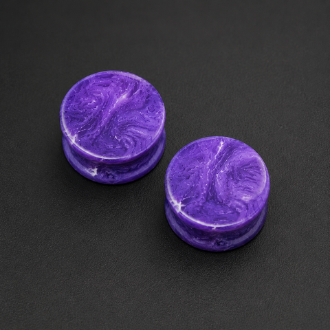 Purple Stone Ear Plugs, Double Flare Ear Gauges, Swirled Violet Stone Plugs, Handmade Stretched Ear Body Jewelry, Pair