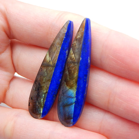 Paire de Boucles d'Oreilles Collées Nautual Labradorite Lapis Lazuli, 42x12x4mm, 7.7g