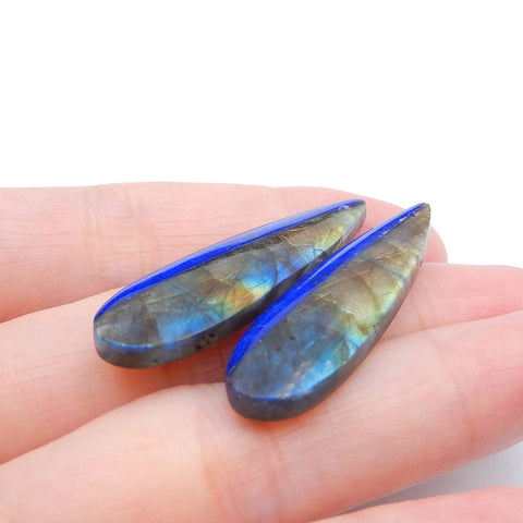 Paire de Boucles d'Oreilles Collées Nautual Labradorite Lapis Lazuli, 42x12x4mm, 7.7g