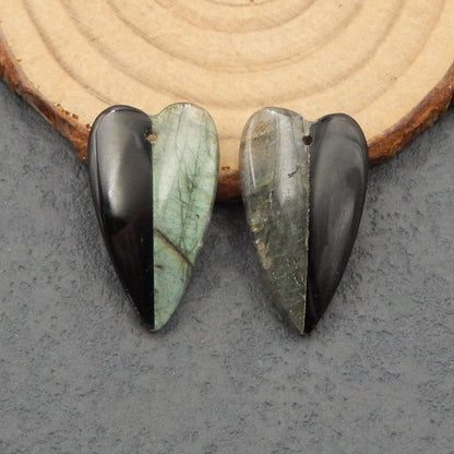 Intarsia of Labradorite and Obsidian Earring Beads 26x15x4mm, 5.3g