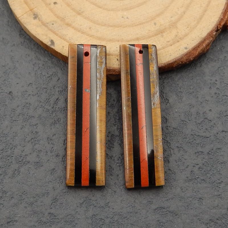 Intarsia of Obsidian, Red River and Tiger's Eye Earring Beads 36x9x3mm, 5.7g
