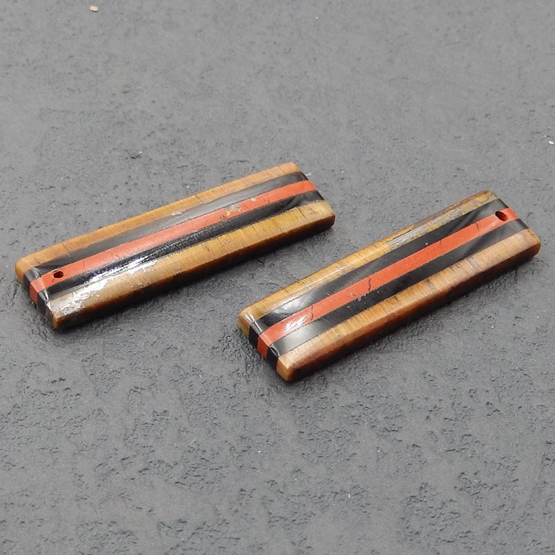 Intarsia of Obsidian, Red River and Tiger's Eye Earring Beads 36x9x3mm, 5.7g
