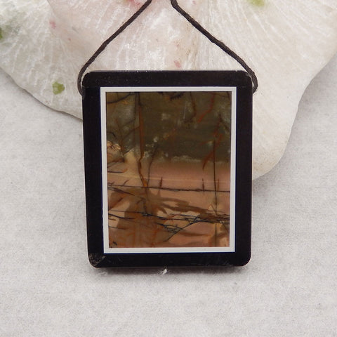 Natural Obsidian, Howlite And Multi-Color Picasso Jasper Intarsia Gemstone Pendant Bead, Side Drilled Gemstone Pendant,Handmade Pendant Gift, 40x33×5mm, 15.8g