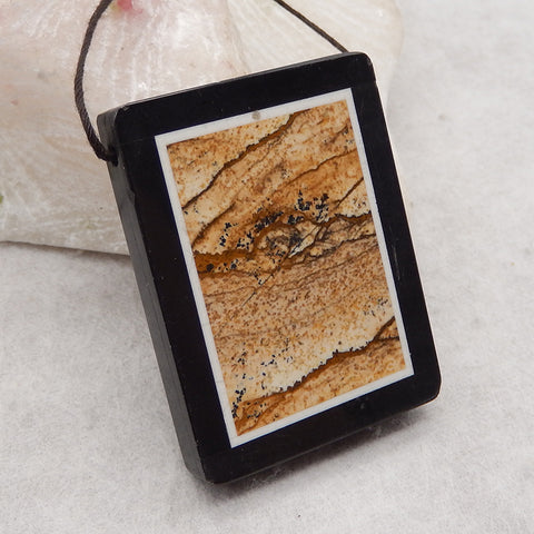Natural Obsidian, Howlite And Picture Jasper Intarsia Gemstone Pendant Bead, Side Drilled Gemstone Pendant,Handmade Pendant Gift, 43x33x6mm, 22.6g