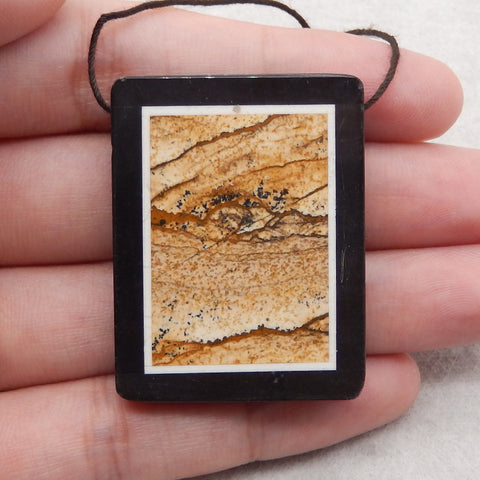 Natural Obsidian, Howlite And Picture Jasper Intarsia Gemstone Pendant Bead, Side Drilled Gemstone Pendant,Handmade Pendant Gift, 43x33x6mm, 22.6g