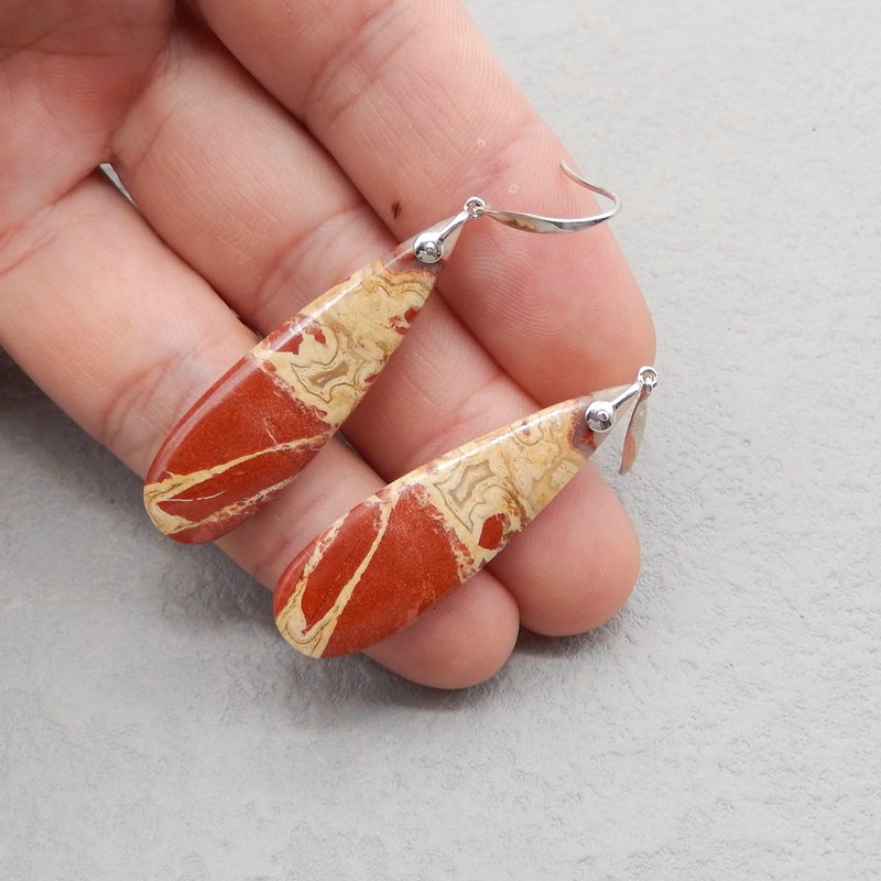 Natural Red River Jasper Earrings with 925 Sterling Silver 44*13*5mm, 9.3g