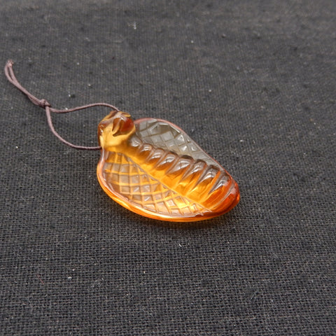 Hand Carved Yellow Quartz Snake (Cobra) Gemstone Pendant Bead, 35x26x11mm, 10.1g