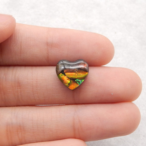 Natural Flash Canadian Ammonite, Obsidian And White Quartz Intarsia Heart Gemstone Cabochon, 11x11x4mm, 0.7g