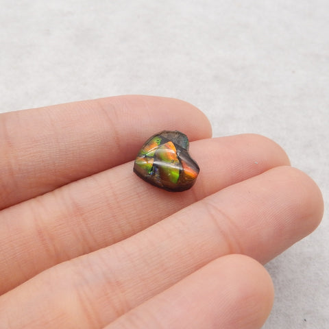 Natural Flash Canadian Ammonite, Obsidian And White Quartz Intarsia Heart Gemstone Cabochon, 11x11x4mm, 0.7g
