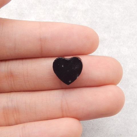 Natural Flash Canadian Ammonite, Obsidian And White Quartz Intarsia Heart Gemstone Cabochon, 11x11x4mm, 0.7g