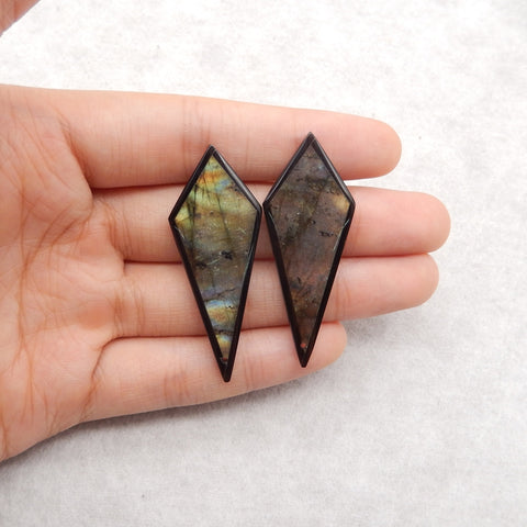 Hot Sale! Natural Flash Labradorite And Obsidian Intarsia Tie Shape Gemstone Earring Beads, 47x18x5mm, 9g