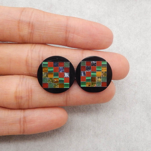 Intarsia of Obsidian, Red River, Tiger's Eye And Others Gemstone Cabochon Paire, 18x2mm, 2.4g