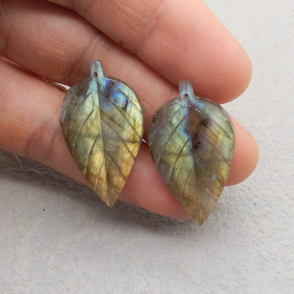 Natural Labradorite Carved leaf Earring Beads 37*21*4mm, 8.2g
