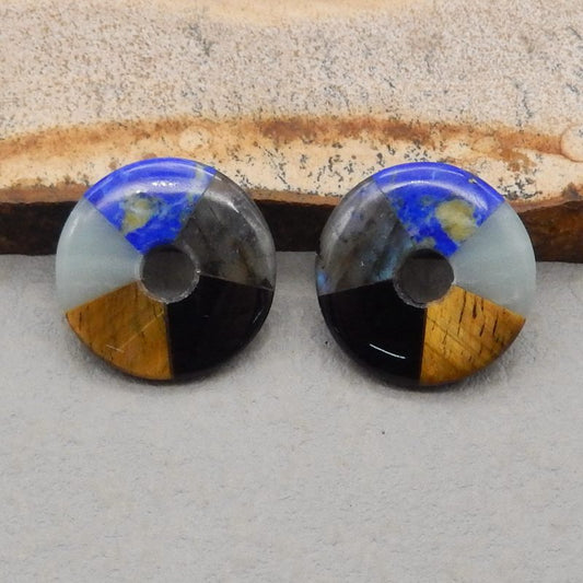 Intarsia of Tiger's Eye, Obsidian, Labradorite, Lapis lazuli and Amazonite Earring Beads 21*21*4mm, 6.4g