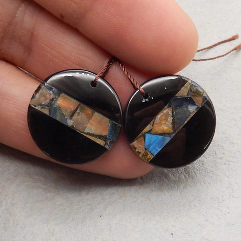Paire de boucles d'oreilles en obsidienne naturelle, labradorite et ammonite fossile, pierres précieuses collées rondes, 20x5mm, 6g